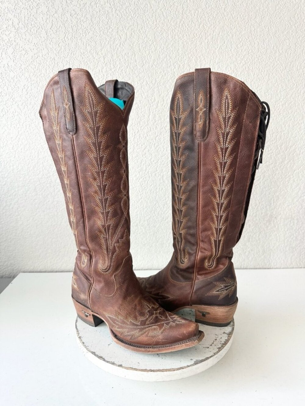 Lane LEXINGTON Knee High Cowboy Boots Cognac Brown Western Snip Toe Womens 8